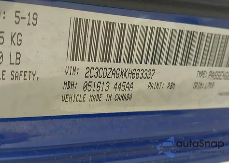 2019 Dodge Challenger Sxt из США, поврежденный, VIN 2C3CDZAGXKH663337